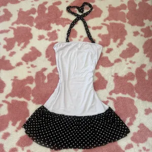 Vintage-Inspired Polka Dot Halter Mini Dress – Sheer Ruffle Hem 🤍🖤 Y2K Coquette / Balletcore XS-S thumbnail 1