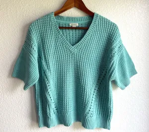 Sundance Womens Sweater Blue Green Chunky Knit Short Sleeve V Neck Size Small thumbnail 1