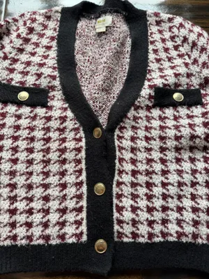 Anthropologie Maeve Burgundy and White Houndstooth Cardigan thumbnail 2