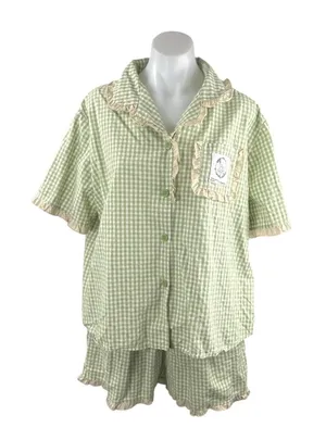 Fiarady Green Gingham Check Ruffle Button Up Shirt Short Sleepwear Pajama Set XL thumbnail 1
