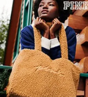 Victoria’s Secret PINK Cozy Plush Teddy Bear Warm Tan Brown Tote Bag thumbnail 1