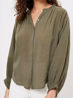 LOFT‎ Women Olive Green Button-Front Balloon Sleeve Blouse Flowy Ruffle size M thumbnail 1
