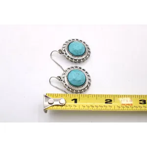 Silver Faux Turquoise Dangle Earrings Ornate Framing Southwest Boho Silver Tone thumbnail 6