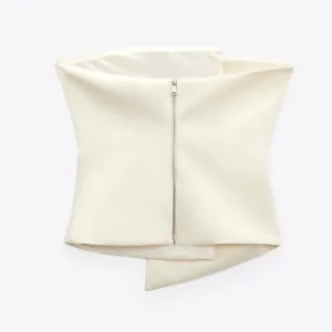 ZARA ivory white satin asymmetrical wrap zipper back strapless tube top thumbnail 4
