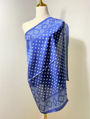 Elegant Blue Polka Dot and Geometric Border Square Satin Polyester Scarf thumbnail 2