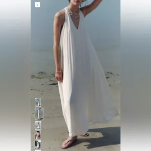 Zara Long Flowy Dress Crochet Back Sz M / L Cream Sleeveless Beach thumbnail 2