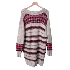 Free People Cloud Oversized Tunic Sweater V Neck Grey Tan Red Pink Size XS thumbnail 6