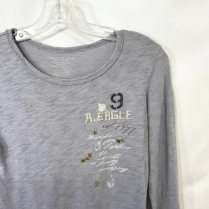 American Eagle Medium Top VTG‎ Y2K Grey Slub Long Sleeve Graphic Beaded 1436 thumbnail 3