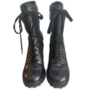 Tory Burch Combat Boots Black Leather Double Buckle Heeled Moto Size 9 thumbnail 3