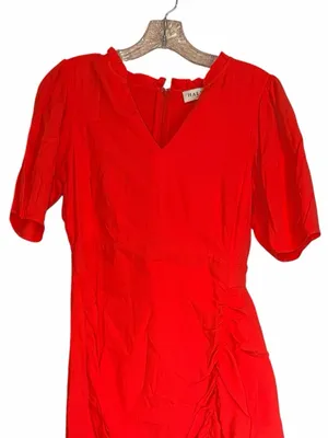 Hale Bob Poppy Red Ruched Asymmetric Mini Dress XS NWT Puff Sleeve V-Neck thumbnail 6