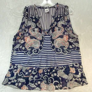 Cabi Paisley Blouse Sleeveless Ruffle Trim Sheer Top Blue Orange Size‎ M thumbnail 1