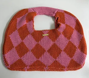 Kopari Knitted Argyle Shoulder Bag pink orange woven slouchy hobo handbag purse thumbnail 1