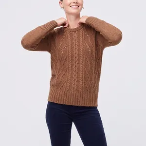 NWT J.Crew Pointelle cable-front  sweater Wool Blend Small Brown thumbnail 5
