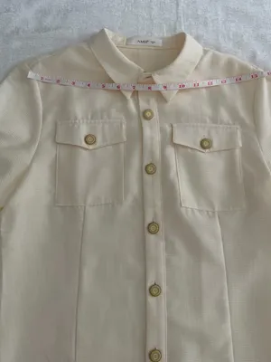 AMII Ivory Textured Short Sleeve Button Down Shirt Gold Buttons M thumbnail 11