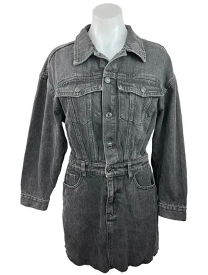 FORE Black Denim Button Up Collared Long Sleeve Jean Chambray Mini Dress Sz M thumbnail 1