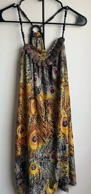Peacock Print Halter Dress Yellow Size M thumbnail 1