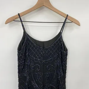 Vintage 90s Pure Silk Beaded Floral Mini Dress Flowy Cocktail Black Womens XS thumbnail 7