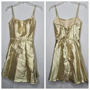 NWOT Morilee by Madeline Gardner gold corset lace up back pleated dress sz 00 thumbnail 2