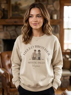 Gildan Vampire Diaries 'Hello Brother' Crewneck Salvatore Brothers sweatshirt S thumbnail 1