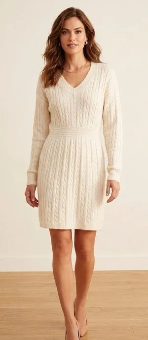 Simply Couture Ivory Cable-Knit V-Neck Long Sleeve Dress thumbnail 1