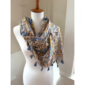 Natural Life Floral Tassel Scarf Boho Lightweight Rayon Wrap Tan Blue NEW thumbnail 2