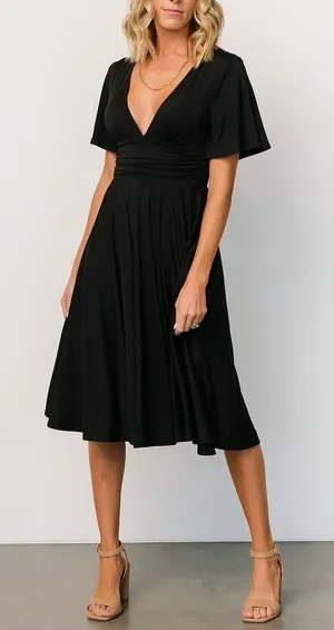 NWT Baltic Born Janette Midi Dress Size Medium Black Flutter Sleeve Ruched Waist thumbnail 1