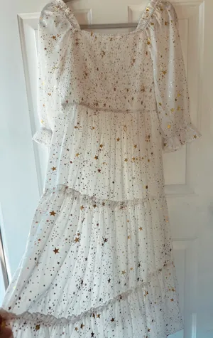 Square Neck Star Printed Smocked Midi Dress White thumbnail 2