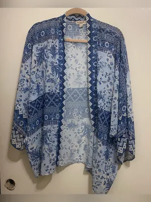 One World Womens L Large 50” Kimono Cardigan Cover Up Blue Boho Print Beach thumbnail 1