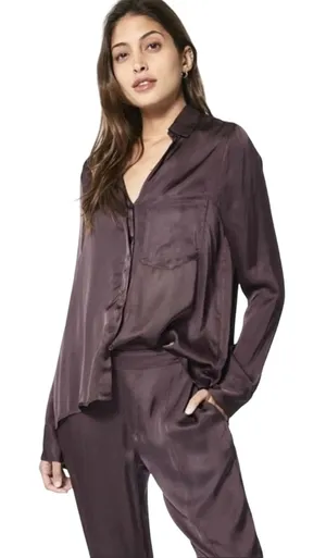 Young Fabulous & Broke Susan Blouse Small Plum Raisin Hidden Button Front NWOT thumbnail 1