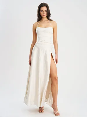 NWT Miss Circle Raegan Pearl White Jacquard Ruched Maxi Dress M thumbnail 5