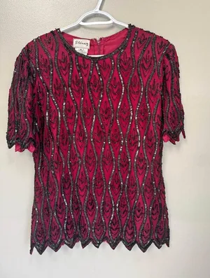 Vintage Stenay 100% Silk Beaded Top Size Medium Red thumbnail 1