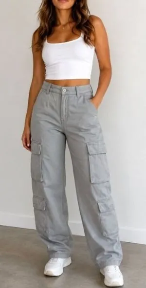 Divided H&M Women's Size 6 Wide Leg Baggy Utility Cargo Pants Light Gray Grunge thumbnail 1