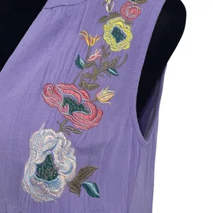 Entro Womens Tunic Tank Top Sleeveless Embroidered Floral‎ V Neck Purple Small thumbnail 3
