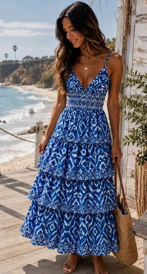 Caroline Constas 100% Cotton Blue White Ruffle Tiered Maxi Dress Size Medium thumbnail 1