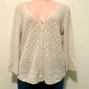 Lucky Brand crochet cardigan woman size XL button up v neck tan cream color thumbnail 1