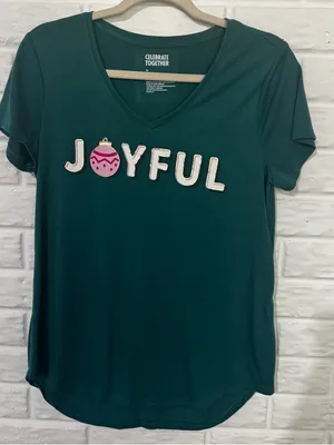 Celebrate Together “Joyful” Shirt Women’s Medium Teal V Neck Pink Ornament thumbnail 1