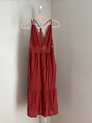 Lush Rust Red Lace-Trim Sleeveless Midi Boho Sun Dress Western Cottage Size S thumbnail 3