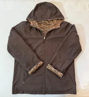 Reversible Hooded Jacket Brown Zebra Natural Reflections Animal Fleece Sz Large‎ thumbnail 1