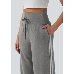 Halara Ribbed High Waisted Tummy Control Drawstring Wide Leg Fleece Trousers M thumbnail 3