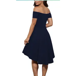 Sarin Mathews Off The Shoulder Dress Short Sleeve Navy Blue Asymmetrical Small thumbnail 2
