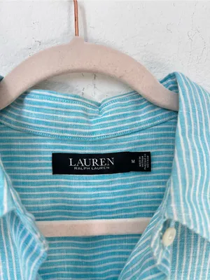 Lauren Ralph Lauren Blue Striped 100% Linen Button Down Blouse Women's Medium thumbnail 7