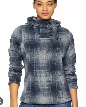 The North Face Women's Plaid Fleece‎ Pullover Cowl Blue and gray Hoodie Size S thumbnail 1