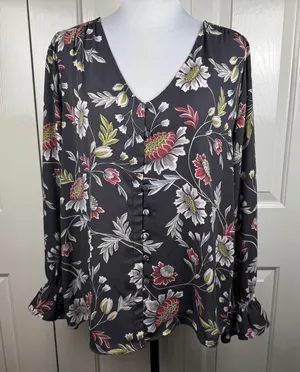 LOFT Women Blouse Sz M Charcoal Floral VNeck Long Sleeve Button Down Ruffle Cuff thumbnail 1