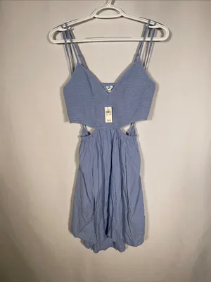 Aerie Womens Smocked Cut Out Mini Dress Blue Medium New With Tags thumbnail 2