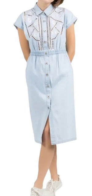 POL Chambray Denim Prairie Midi Dress Embroidered Eyelet Blue S NWOT thumbnail 1