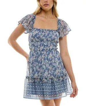 NWT Trixxi Juniors Floral-Print Flutter-Sleeve Dress 26EF76VJII Blue Multi M thumbnail 1