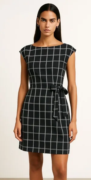 Ann Taylor LOFT Women Black White Plaid Cap Sleeve Tie Mini Sheath Dress Size 4 thumbnail 1