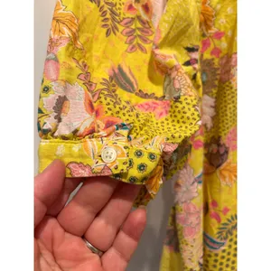 LOFT‎ Womens Yellow Floral Linen Blend Square Neck Puff Sleeve Blouse L Tropical thumbnail 6