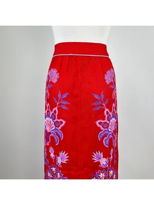NWOT Farm Rio Red Porcelain Garden Scalloped Linen Midi Skirt Size XS thumbnail 7