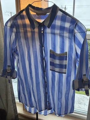 Soft Surroundings Light Blue and White Vertical Stripe Button-Down Shirt thumbnail 2